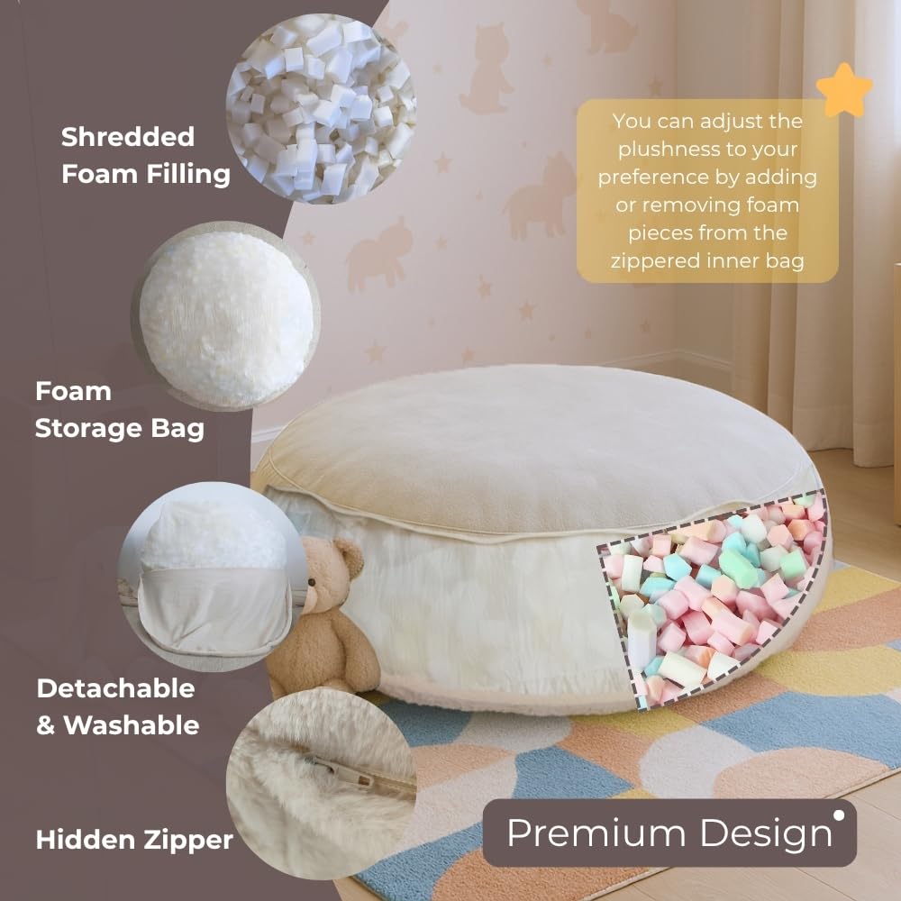 Wonder Space Bean Bag Chair – Soft Foam Filling | Removeable & Washable Cover | Ultra-Soft Plush Fabric - Minimalist Floor Cushion for Kids & Adults, Gaming, Reading and Relaxing, Beige - Image 4