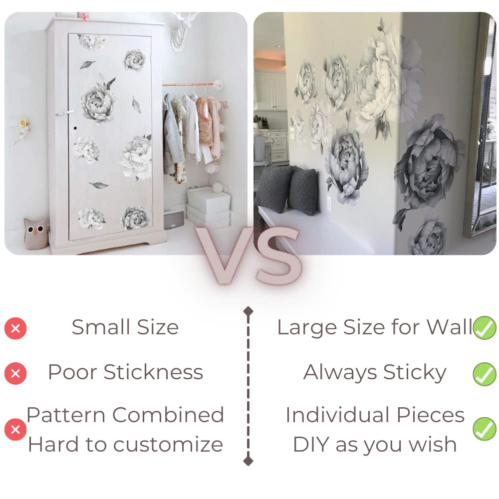 Wonder Space Jumbo Peony Watercolor Wall Decals - Large Size Peonies Flowers Leaves Room Wall Stickers - Scandinavian Design - Beige/White - Matte Opaque Version - Image 7