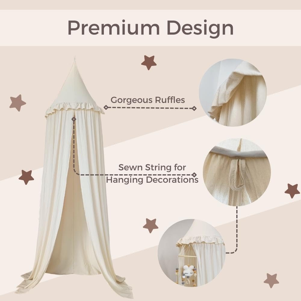 Wonder Space Kids Bed Canopy with Ruffles, Pastel Neutral Color for Boys & Girls, Frilled Cotton Tent Nursery Room Baby Crib Hanging Curtain Mosquito Netting Children Reading Nook Decoration (Ivory) - Image 3