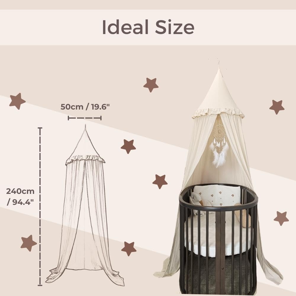Wonder Space Kids Bed Canopy with Ruffles, Pastel Neutral Color for Boys & Girls, Frilled Cotton Tent Nursery Room Baby Crib Hanging Curtain Mosquito Netting Children Reading Nook Decoration (Ivory) - Image 4