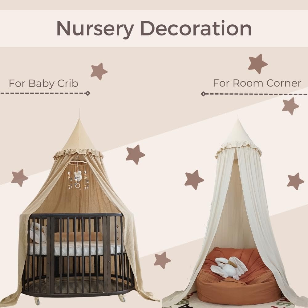 Wonder Space Kids Bed Canopy with Ruffles, Pastel Neutral Color for Boys & Girls, Frilled Cotton Tent Nursery Room Baby Crib Hanging Curtain Mosquito Netting Children Reading Nook Decoration (Ivory) - Image 5