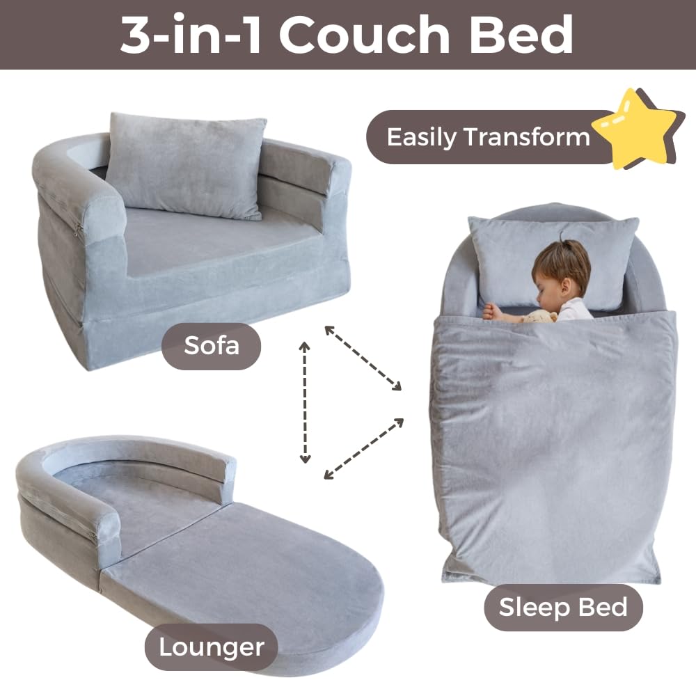 Wonder Space Kids Foam Couch with Blanket & Pillow, Pre-Assembled Toddlers 3-in-1 Convertible Sofa, Indoor Foadable Lounger Chair & Flip Open Floor Bed for Boys & Girls (Grey) - Image 3