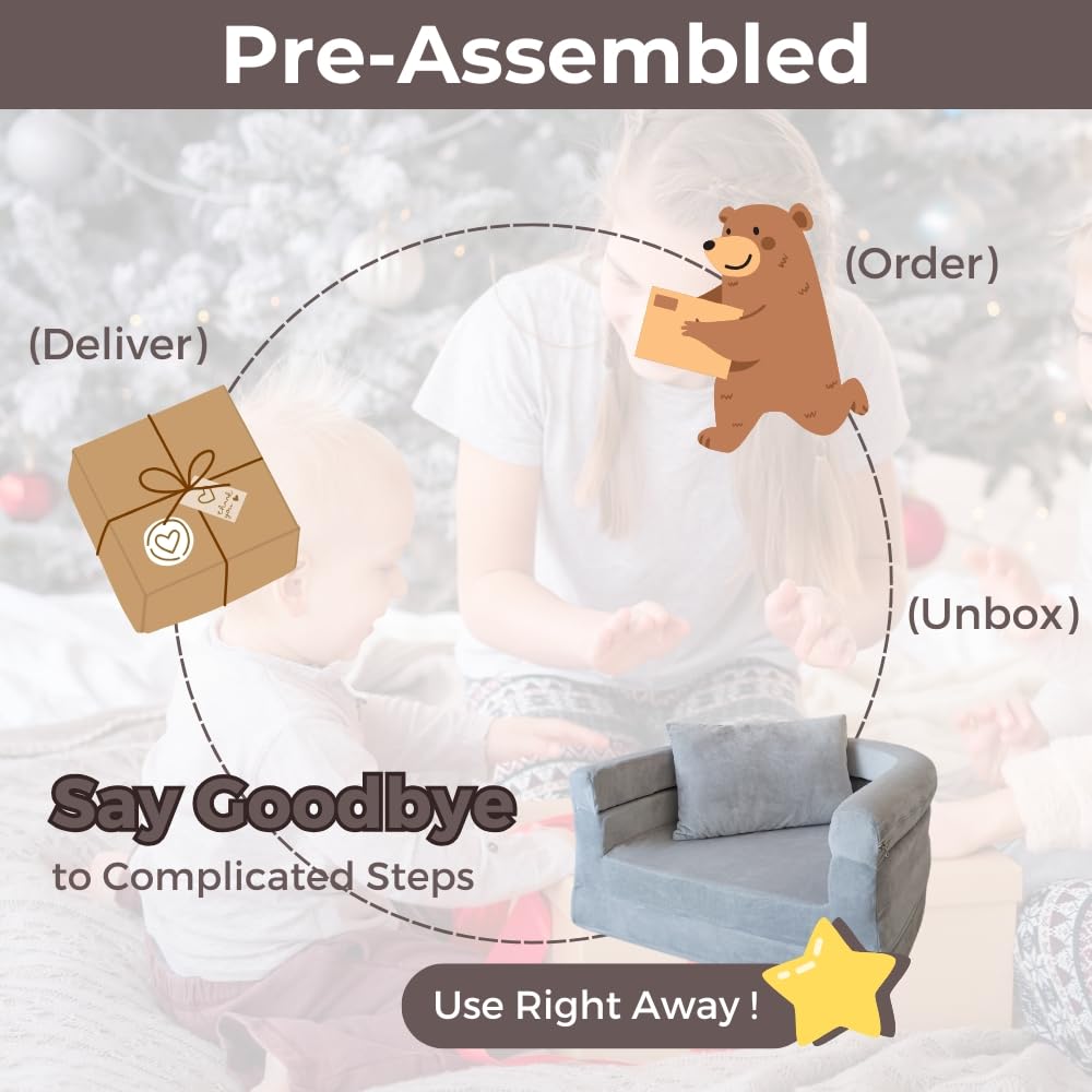 Wonder Space Kids Foam Couch with Blanket & Pillow, Pre-Assembled Toddlers 3-in-1 Convertible Sofa, Indoor Foadable Lounger Chair & Flip Open Floor Bed for Boys & Girls (Grey) - Image 4