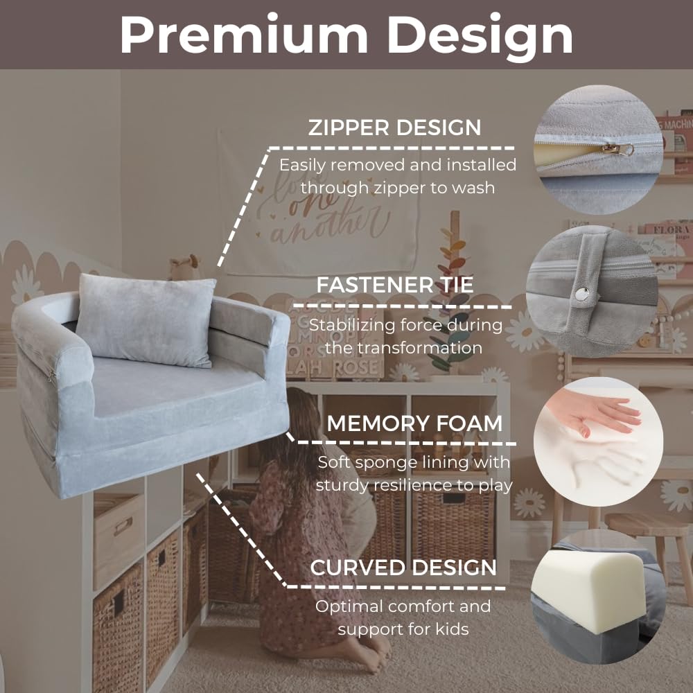 Wonder Space Kids Foam Couch with Blanket & Pillow, Pre-Assembled Toddlers 3-in-1 Convertible Sofa, Indoor Foadable Lounger Chair & Flip Open Floor Bed for Boys & Girls (Grey) - Image 6