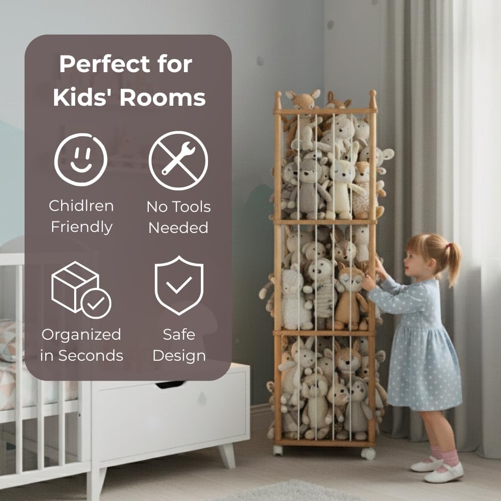 Wonder Space Wooden Stuffed Animal Storage Rack with Wheels, 54" Tall Toy Organizer for Kids Room, Safe & Eco-Friendly Plush Holder Shelf for Toddlers & Babies - Image 5